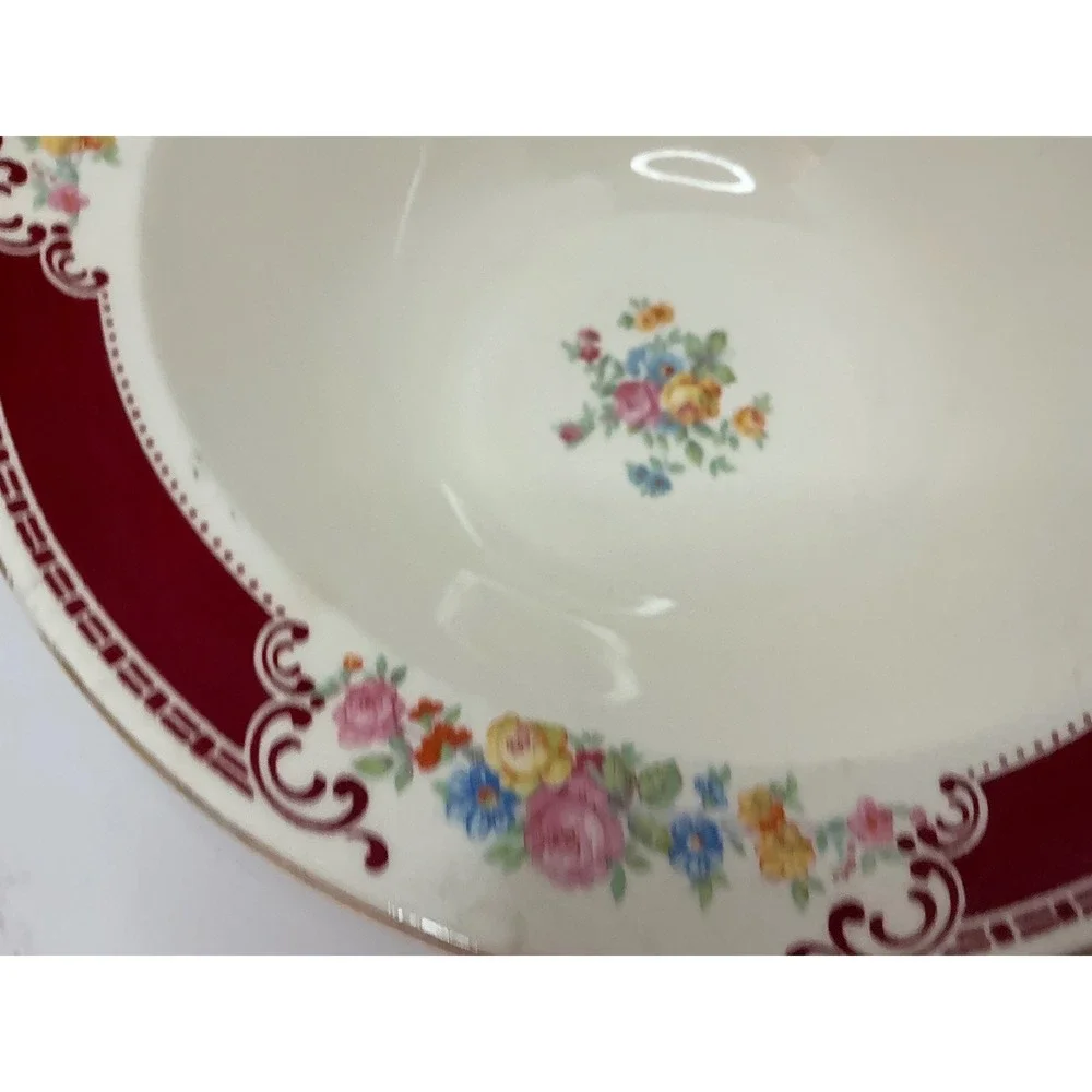 Homer Laughlin Vintage Floral Serving Bowl Burgundy Gold Trim 9‎ Inch G48N6 USA
